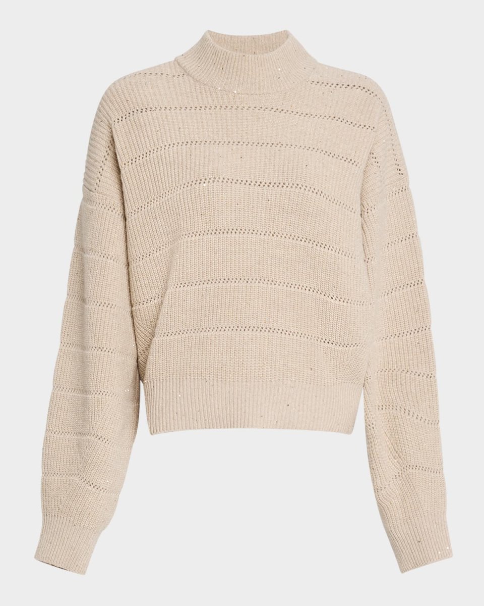 Mock-Neck Paillette Horizontal Open-Knit Sweat